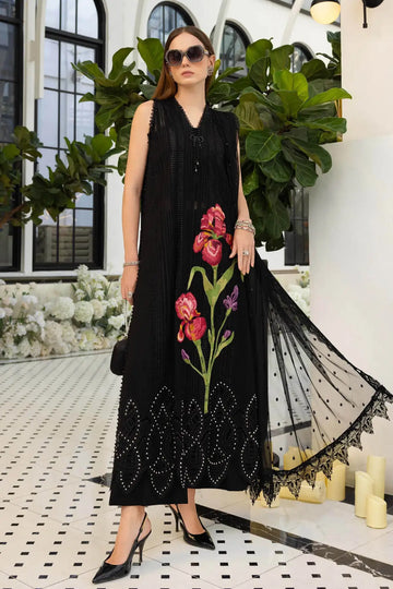 EL-26-10 Maria B black lawn stitched suit with organza front patch, diamante accents and embroidered net dupatta online today