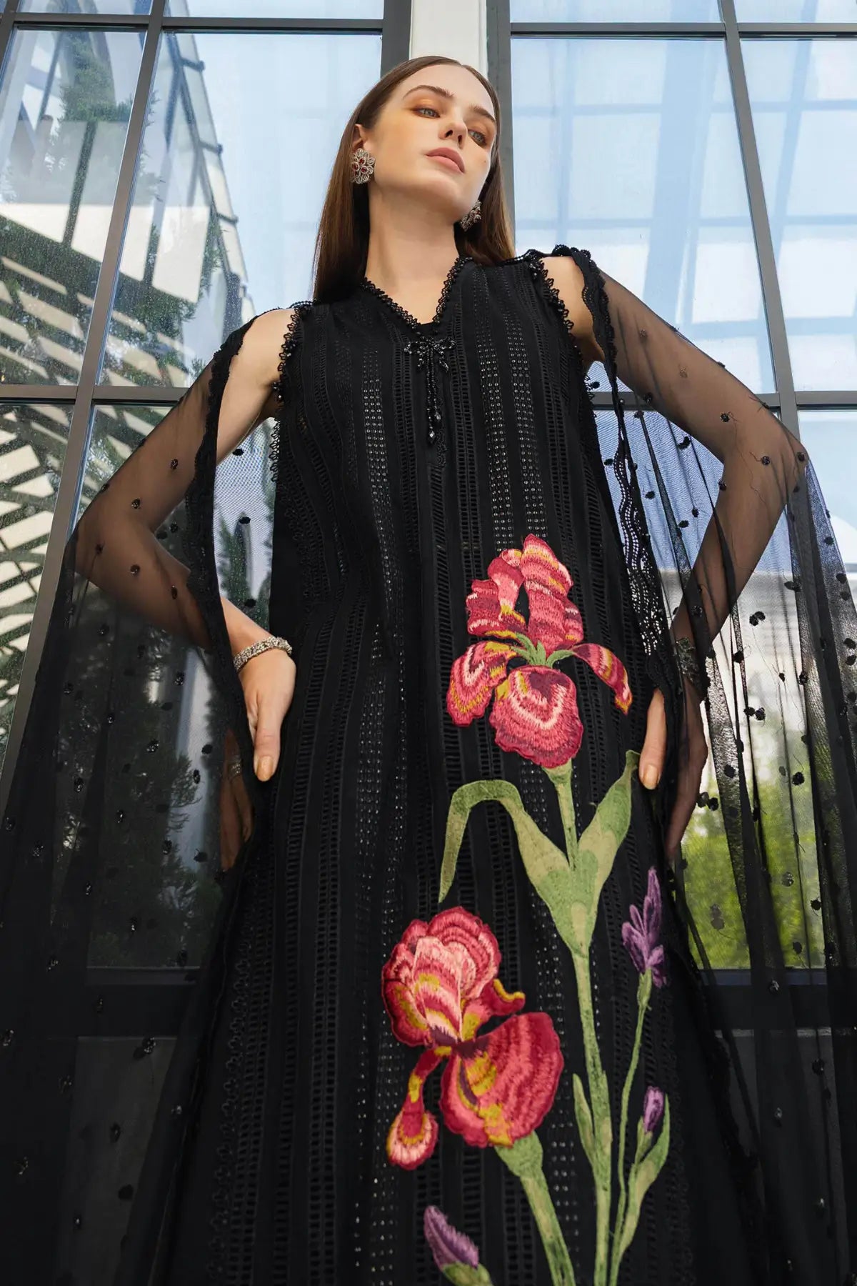 EL-26-10 Maria B black lawn stitched suit with organza front patch, diamante accents and embroidered net dupatta online today