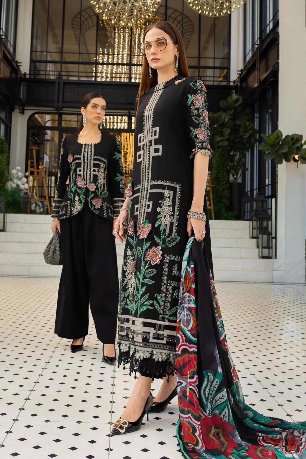 EL-26-11 Black Maria B jacquard lawn stitched 3PC suit with 3D floral work, stick-on detail and silk dupatta