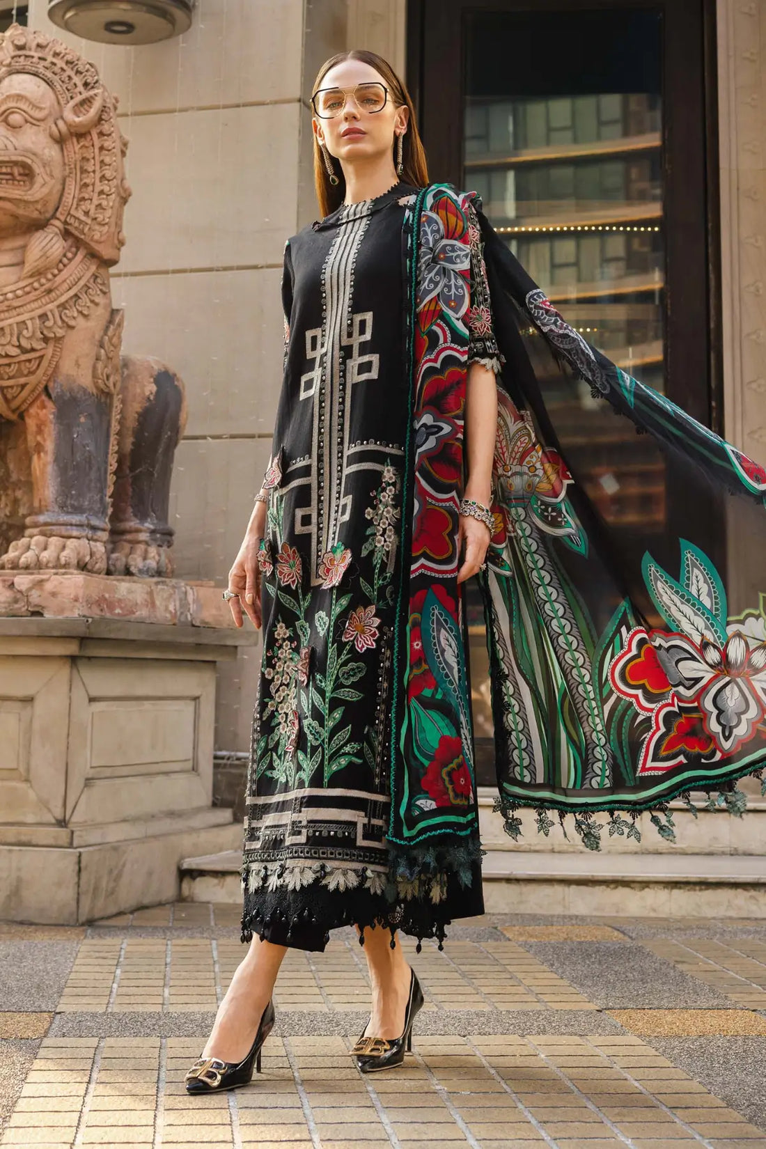 EL-26-11 Black Maria B jacquard lawn stitched 3PC suit with 3D floral work, stick-on detail and silk dupatta