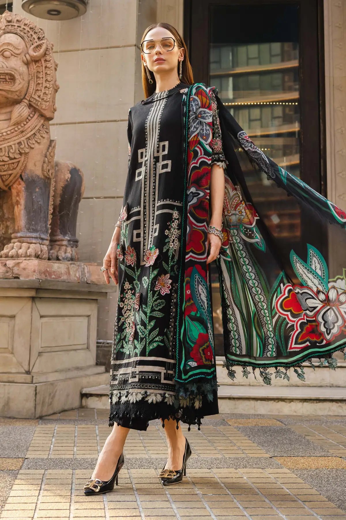EL-26-11 Black Maria B jacquard lawn stitched 3PC suit with 3D floral work, stick-on detail and silk dupatta