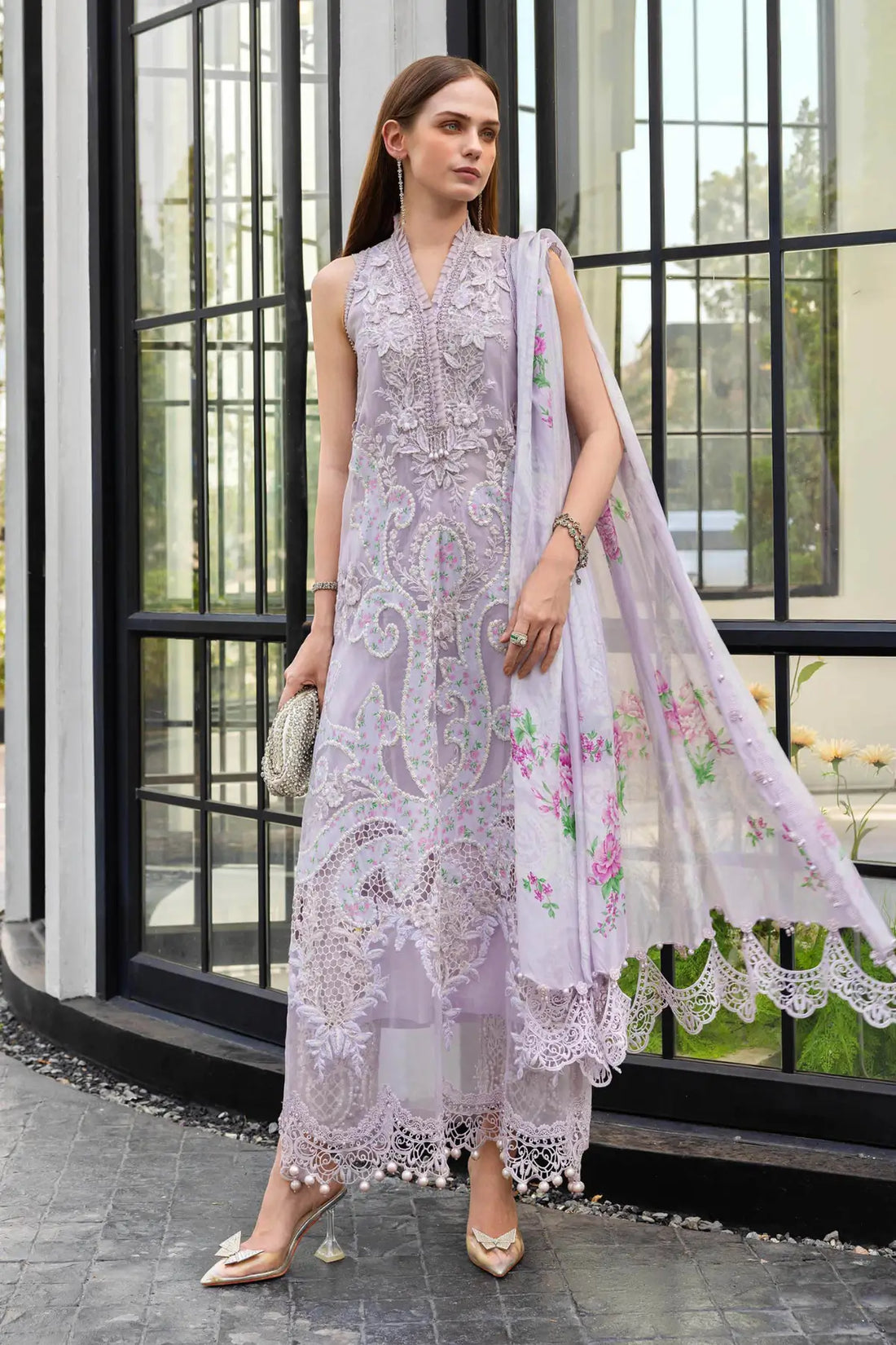 EL-26-12 Lilac Maria B embroidered lawn suit with organza applique