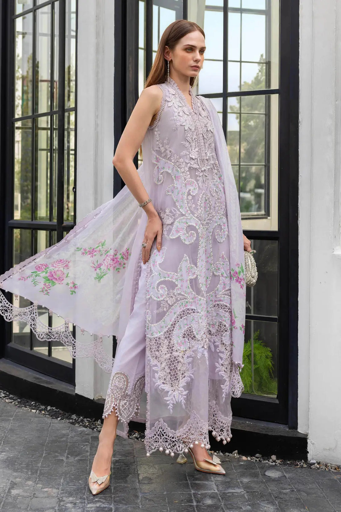 EL-26-12 Lilac Maria B embroidered lawn suit with organza applique