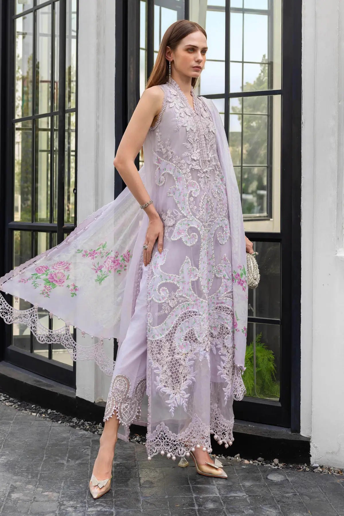 EL-26-12 Lilac Maria B embroidered lawn suit with organza applique