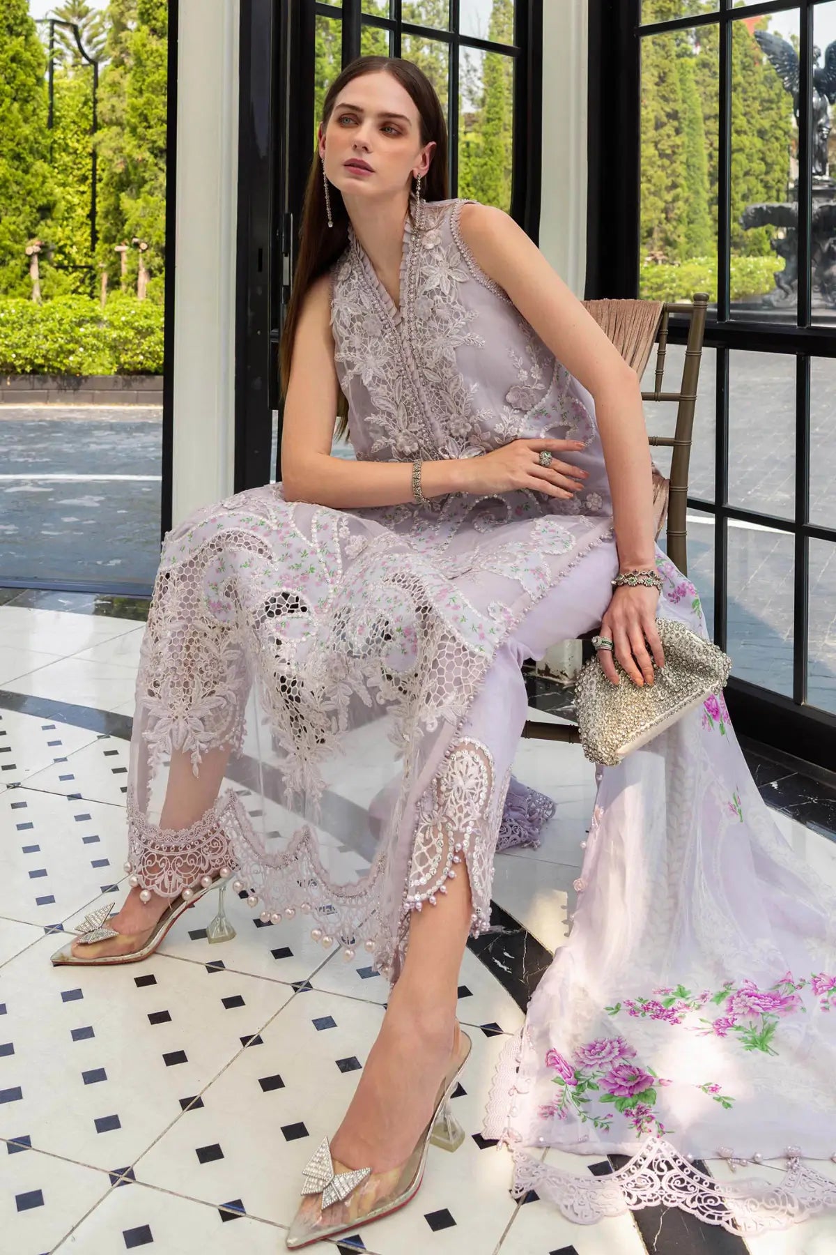 EL-26-12 Lilac Maria B embroidered lawn suit with organza applique