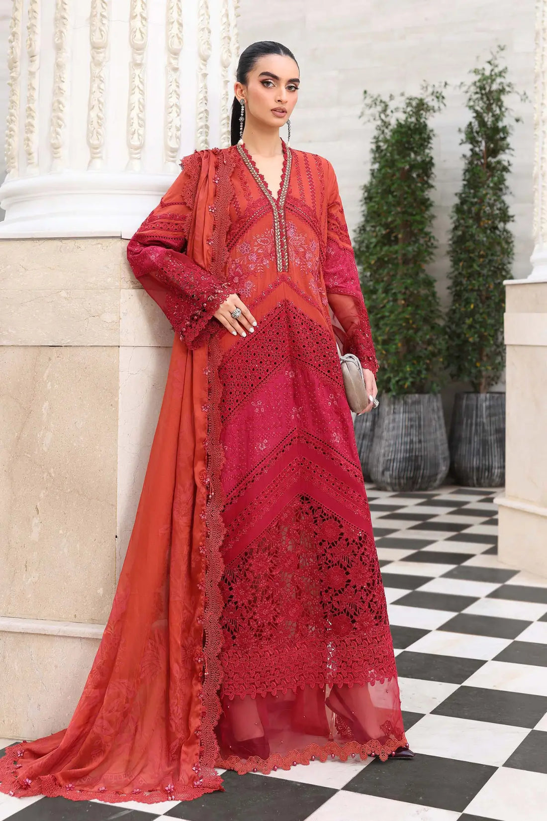 EL-26-13 Maria B rust stitched lawn suit with burnout silk dupatta