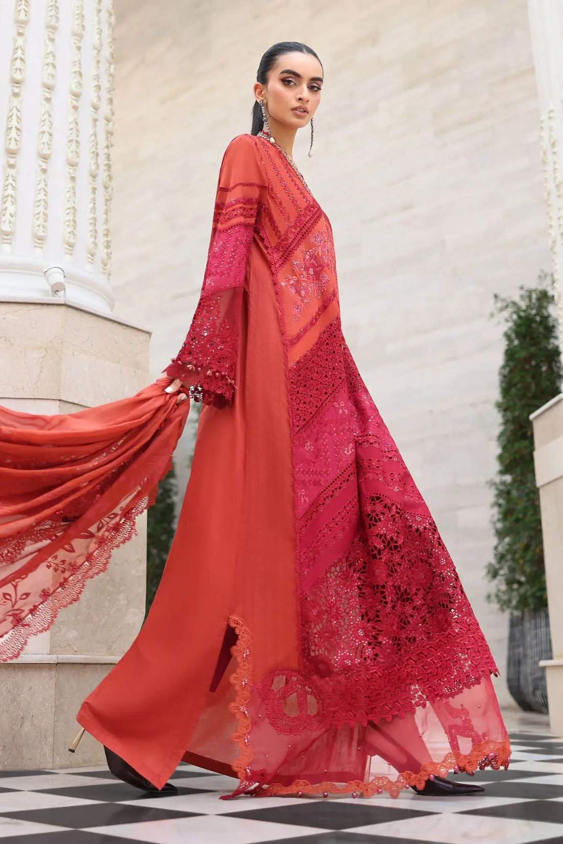 EL-26-13 Maria B rust stitched lawn suit with burnout silk dupatta