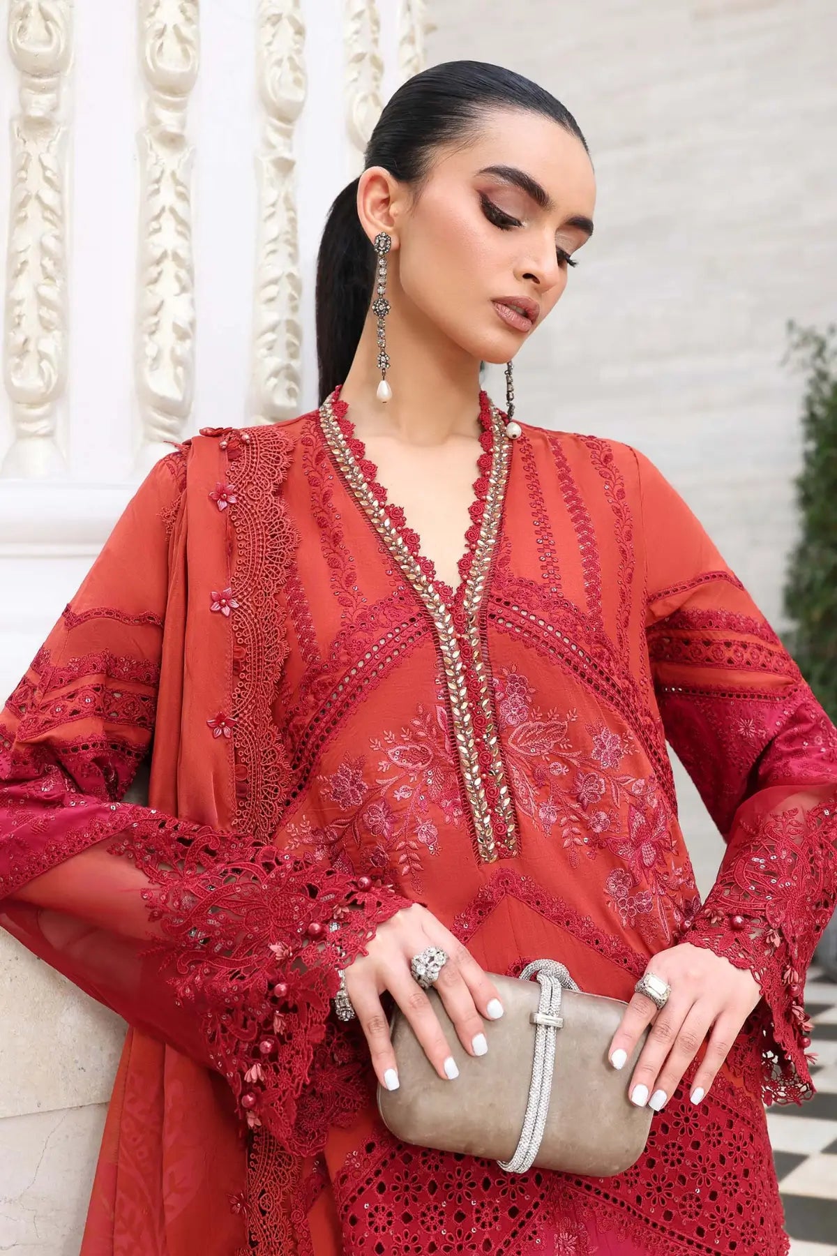 EL-26-13 Maria B rust stitched lawn suit with burnout silk dupatta