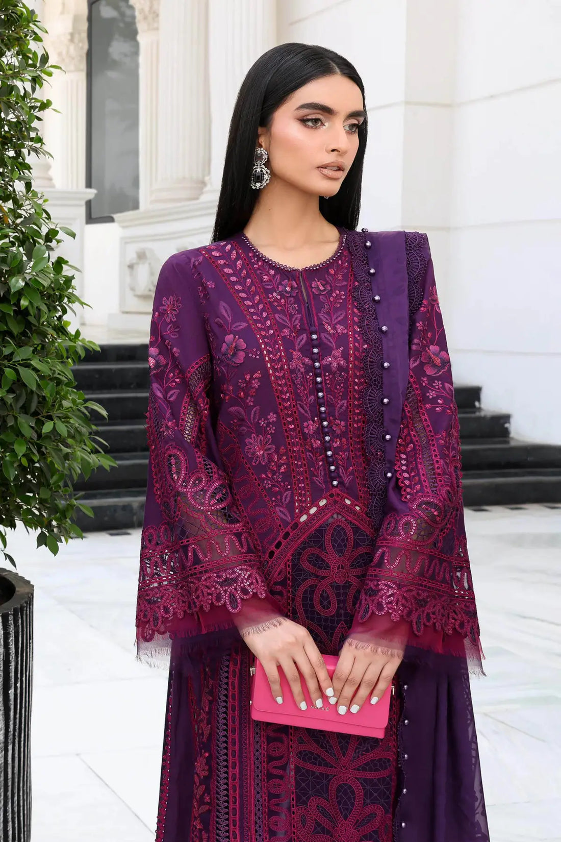 EL-26-14 Maria B purple embroidered lawn stitched suit with burnout silk dupatta