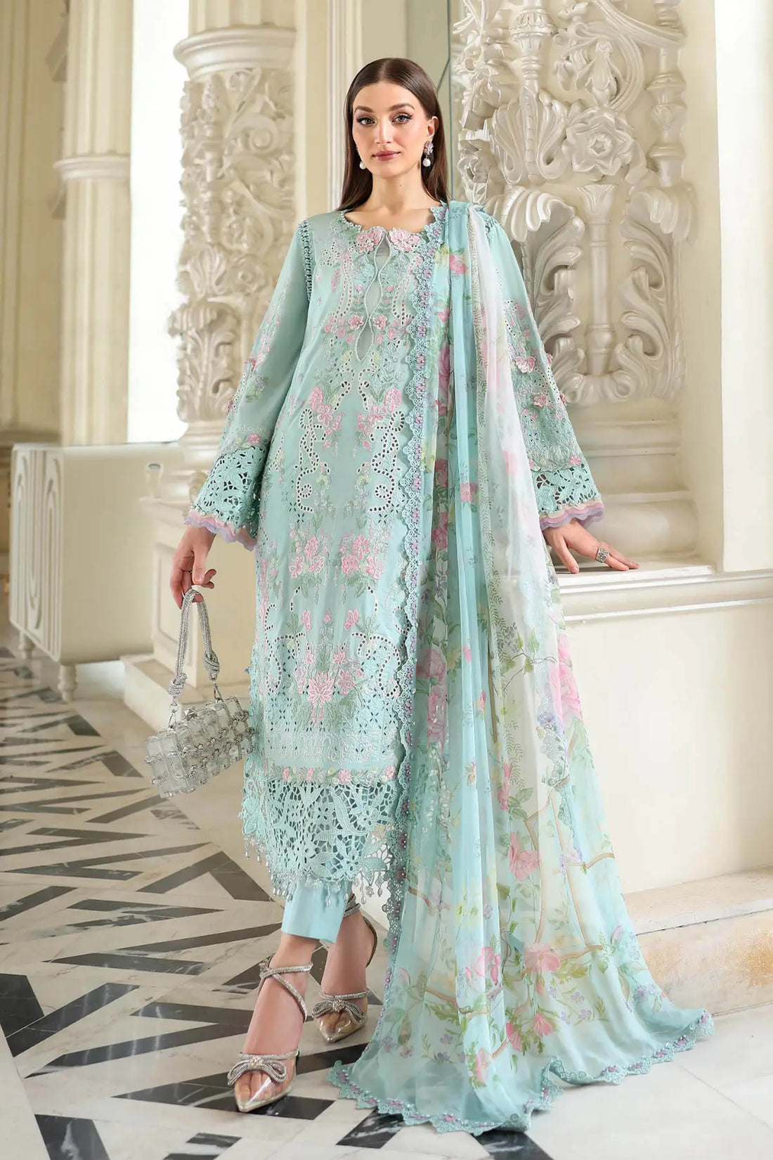 EL-26-15 Maria B sky blue stitched lawn suit with chiffon dupatta