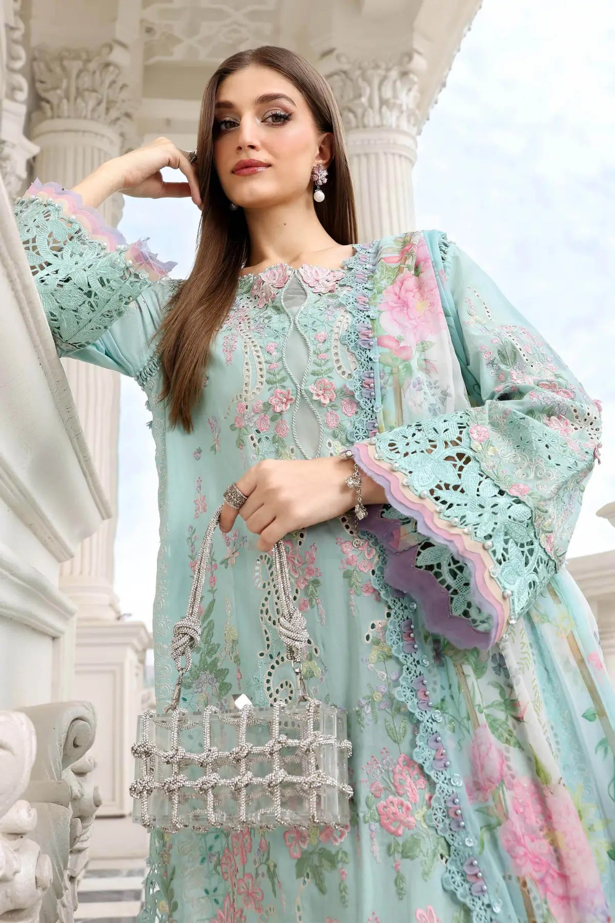 EL-26-15 Maria B sky blue stitched lawn suit with chiffon dupatta
