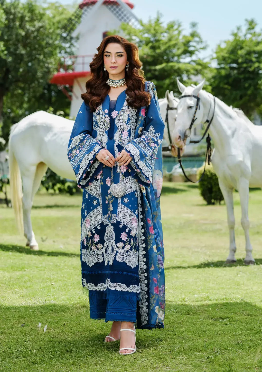 ELH-2A ZIVA-Teal Blue Embroidered Luxury Lawn Ensemble '25 By-Elaf Premium