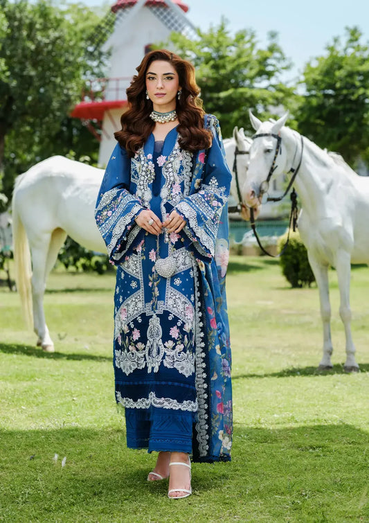 ELH-2A ZIVA-Teal Blue Embroidered Luxury Lawn Ensemble '25 By-Elaf Premium