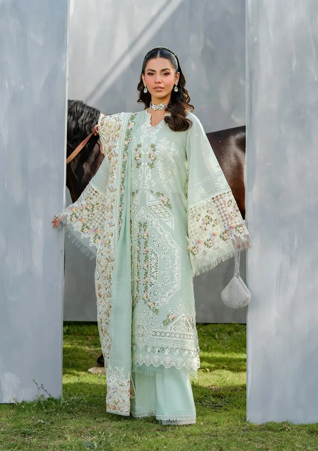 ELH-4B FROSTEL-Mint Green Embroidered Luxury Lawn Ensemble '25 By-Elaf Premium