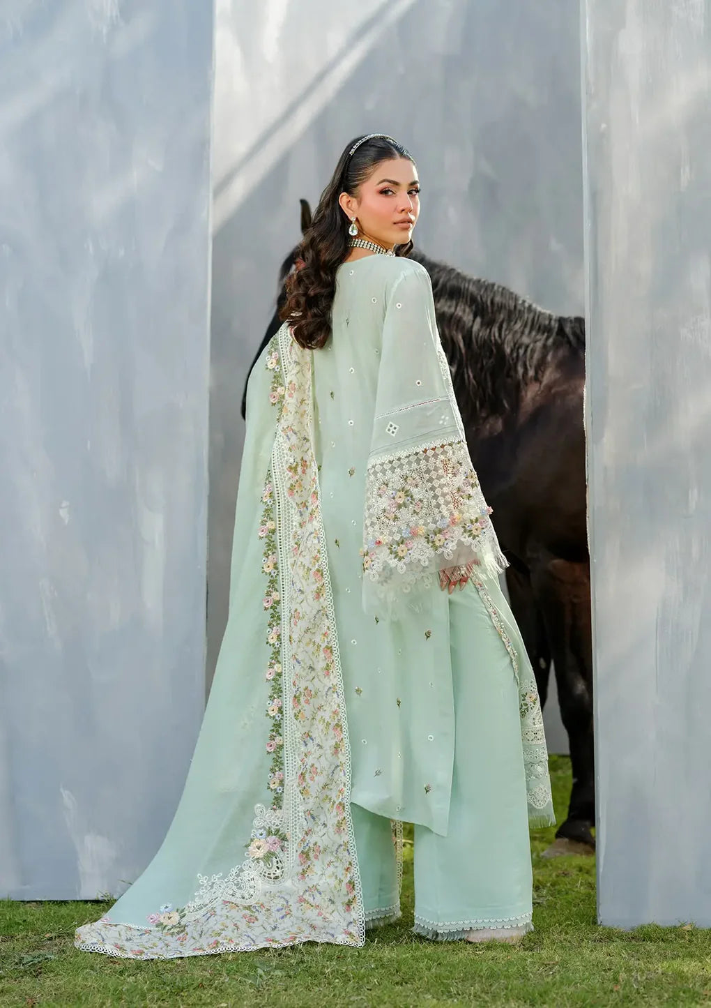 ELH-4B FROSTEL-Mint Green Embroidered Luxury Lawn Ensemble '25 By-Elaf Premium