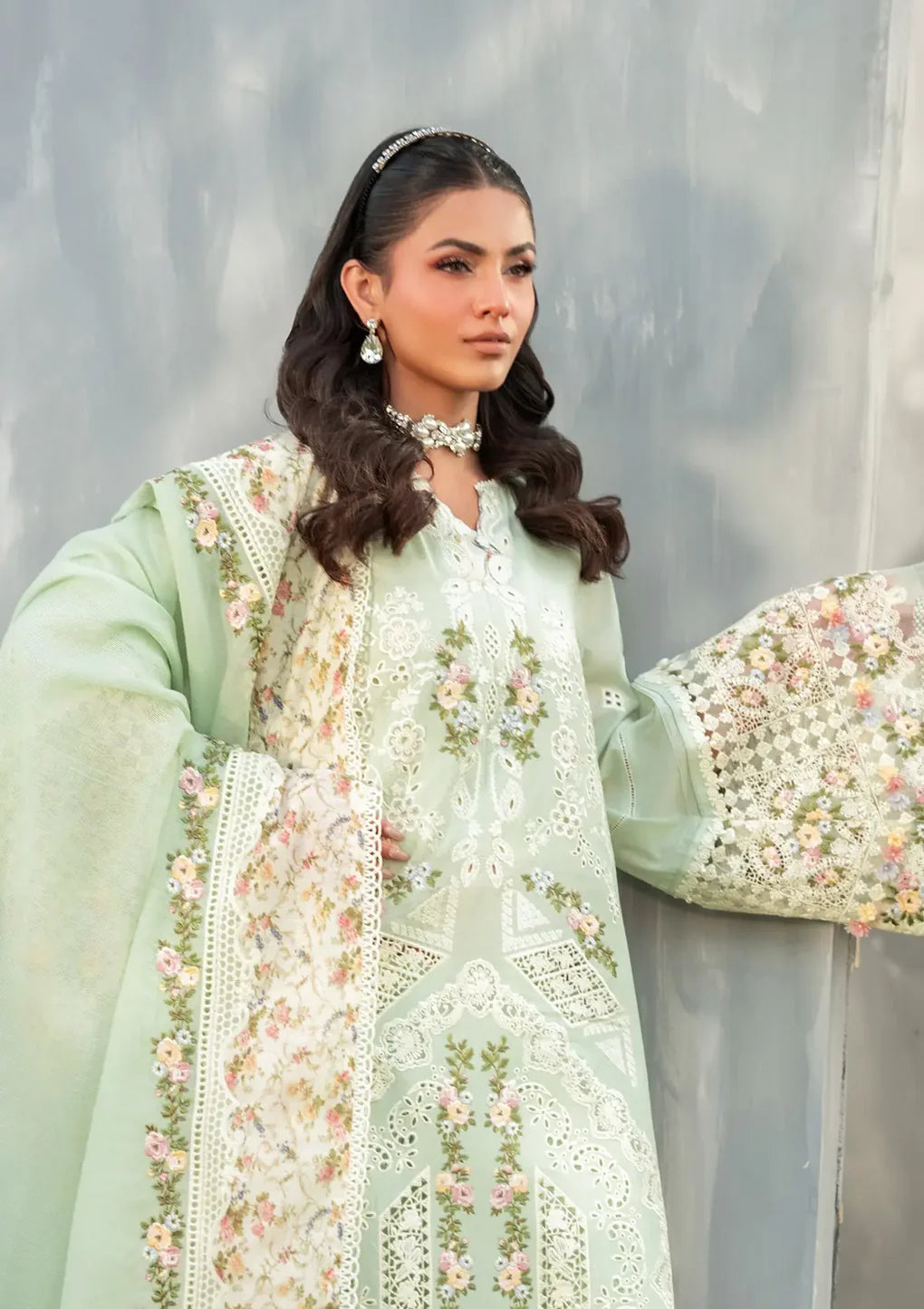 ELH-4B FROSTEL-Mint Green Embroidered Luxury Lawn Ensemble '25 By-Elaf Premium