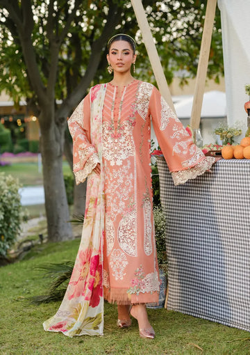 ELH-5A AUTUMN DREAM-Coral Pink Embroidered Luxury Lawn Ensemble '25 By-Elaf Premium