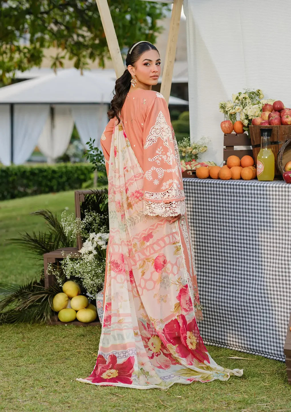 ELH-5A AUTUMN DREAM-Coral Pink Embroidered Luxury Lawn Ensemble '25 By-Elaf Premium