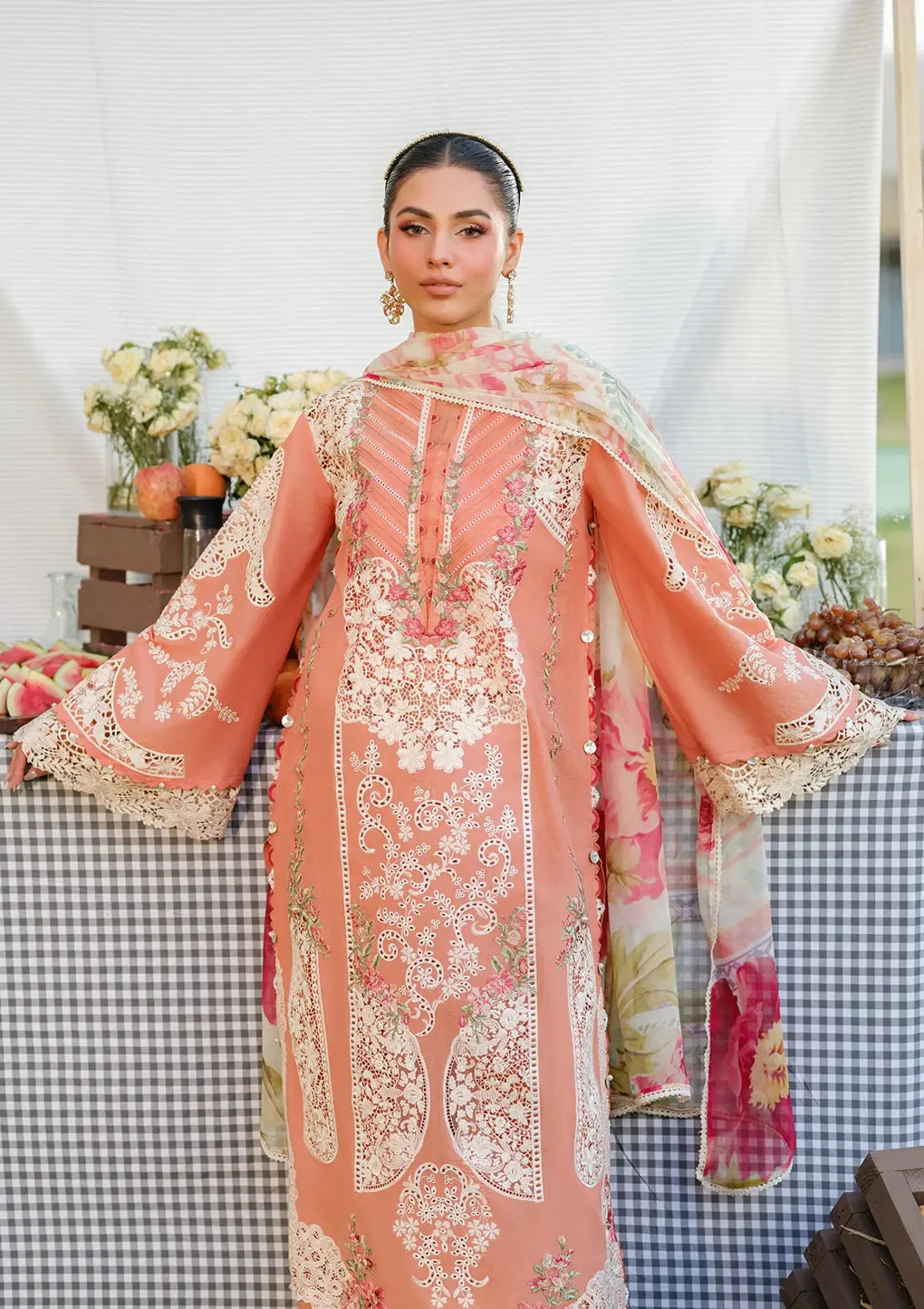 ELH-5A AUTUMN DREAM-Coral Pink Embroidered Luxury Lawn Ensemble '25 By-Elaf Premium