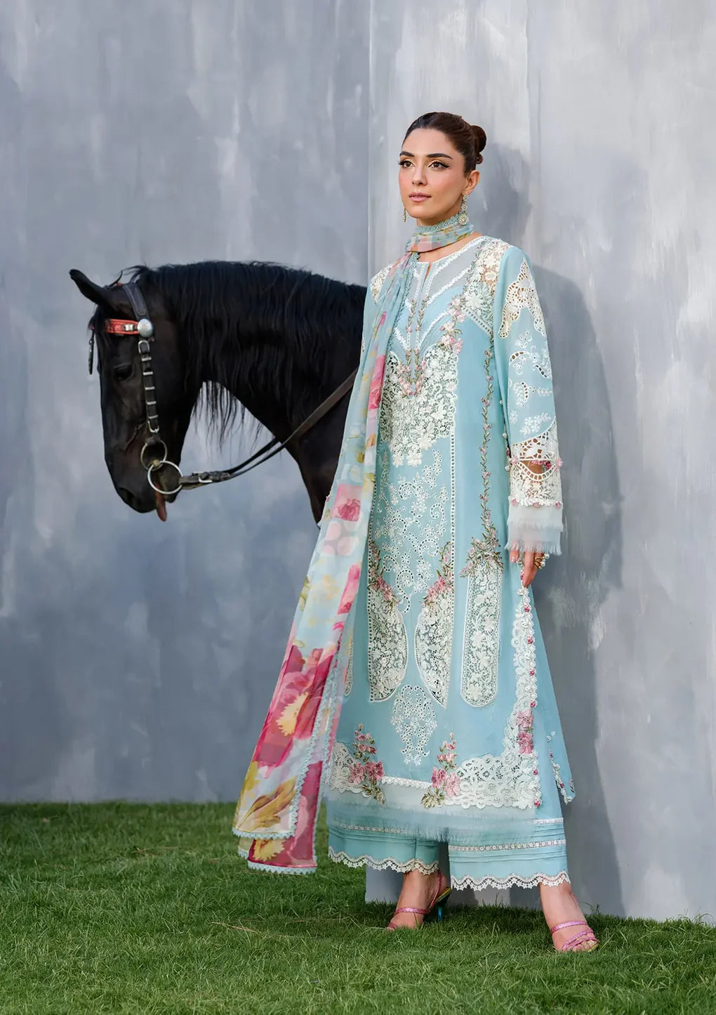 ELH-5B ELYA-Sky Blue Embroidered Luxury Lawn Ensemble '25 By-Elaf Premium
