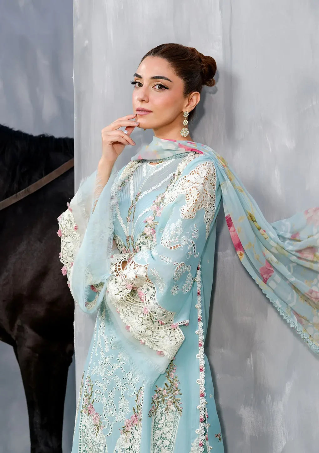 ELH-5B ELYA-Sky Blue Embroidered Luxury Lawn Ensemble '25 By-Elaf Premium