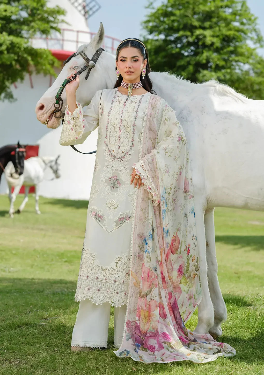 ELH-7A WHITE EMPRESS-Off white Embroidered Luxury Lawn Ensemble '25 By-Elaf Premium