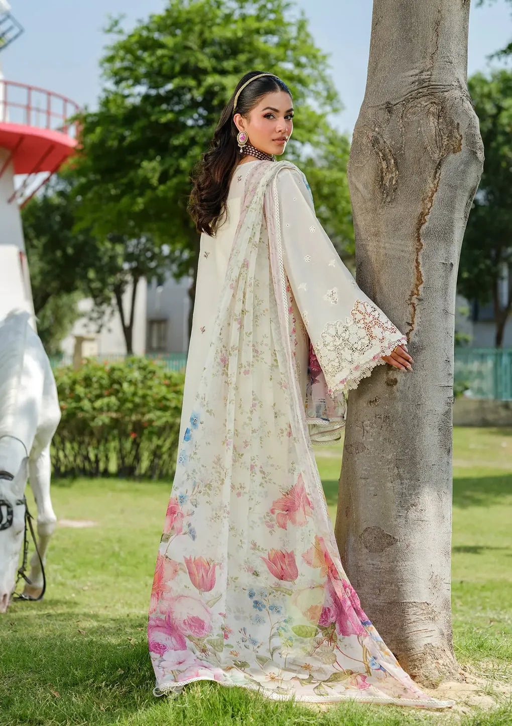 ELH-7A WHITE EMPRESS-Off white Embroidered Luxury Lawn Ensemble '25 By-Elaf Premium