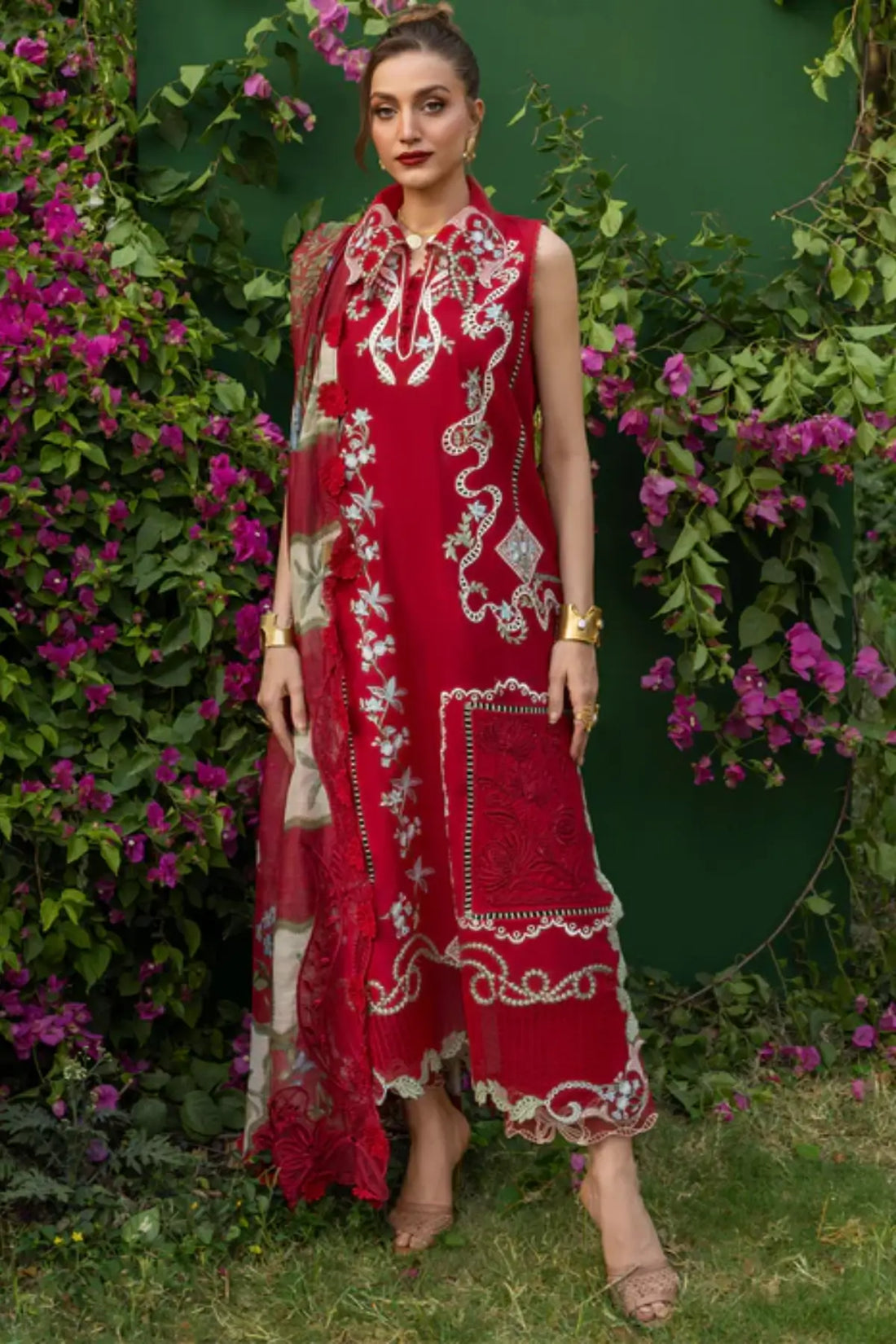 ELISE 1B red Saira Shakira Bloom lawn stitched 3PC suit with monar dupatta