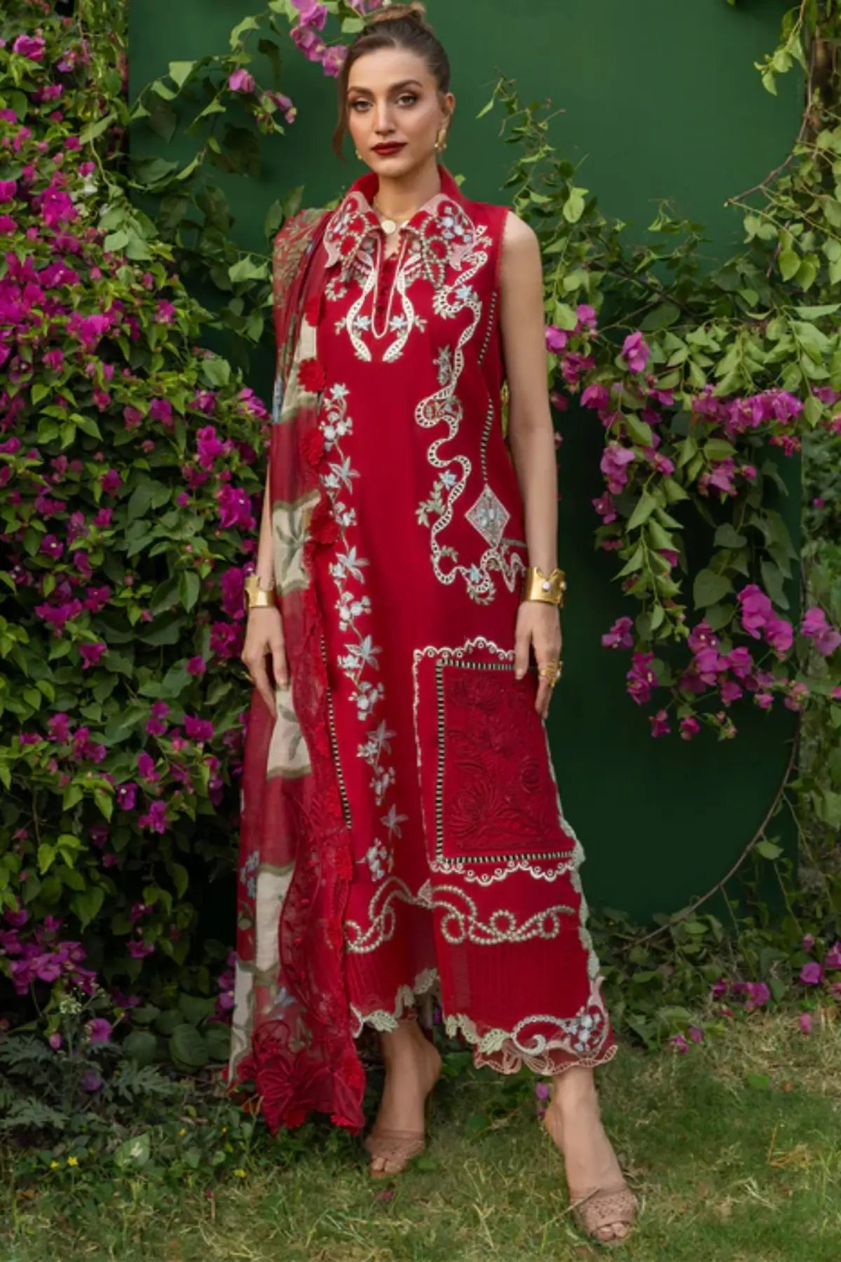 ELISE 1B red Saira Shakira Bloom lawn stitched 3PC suit with monar dupatta