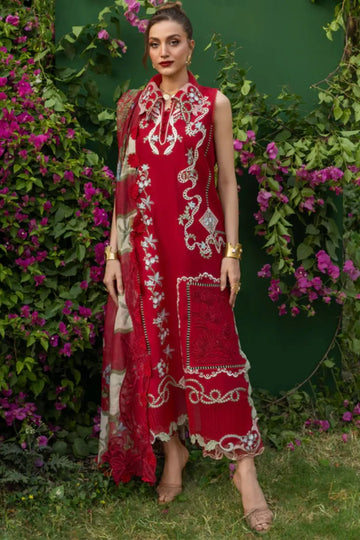 ELISE 1B red Saira Shakira Bloom lawn stitched 3PC suit with monar dupatta