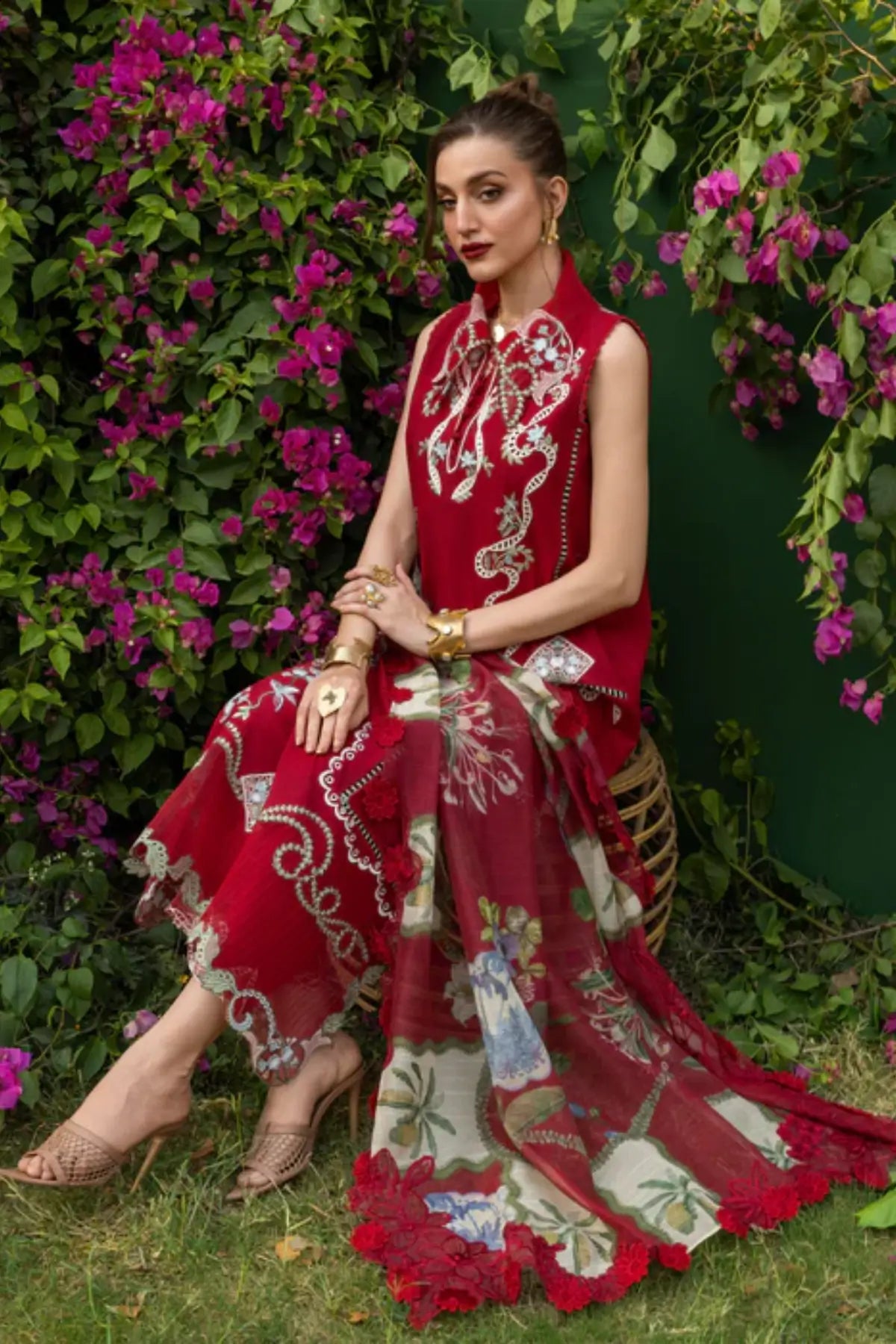 ELISE 1B red Saira Shakira Bloom lawn stitched 3PC suit with monar dupatta