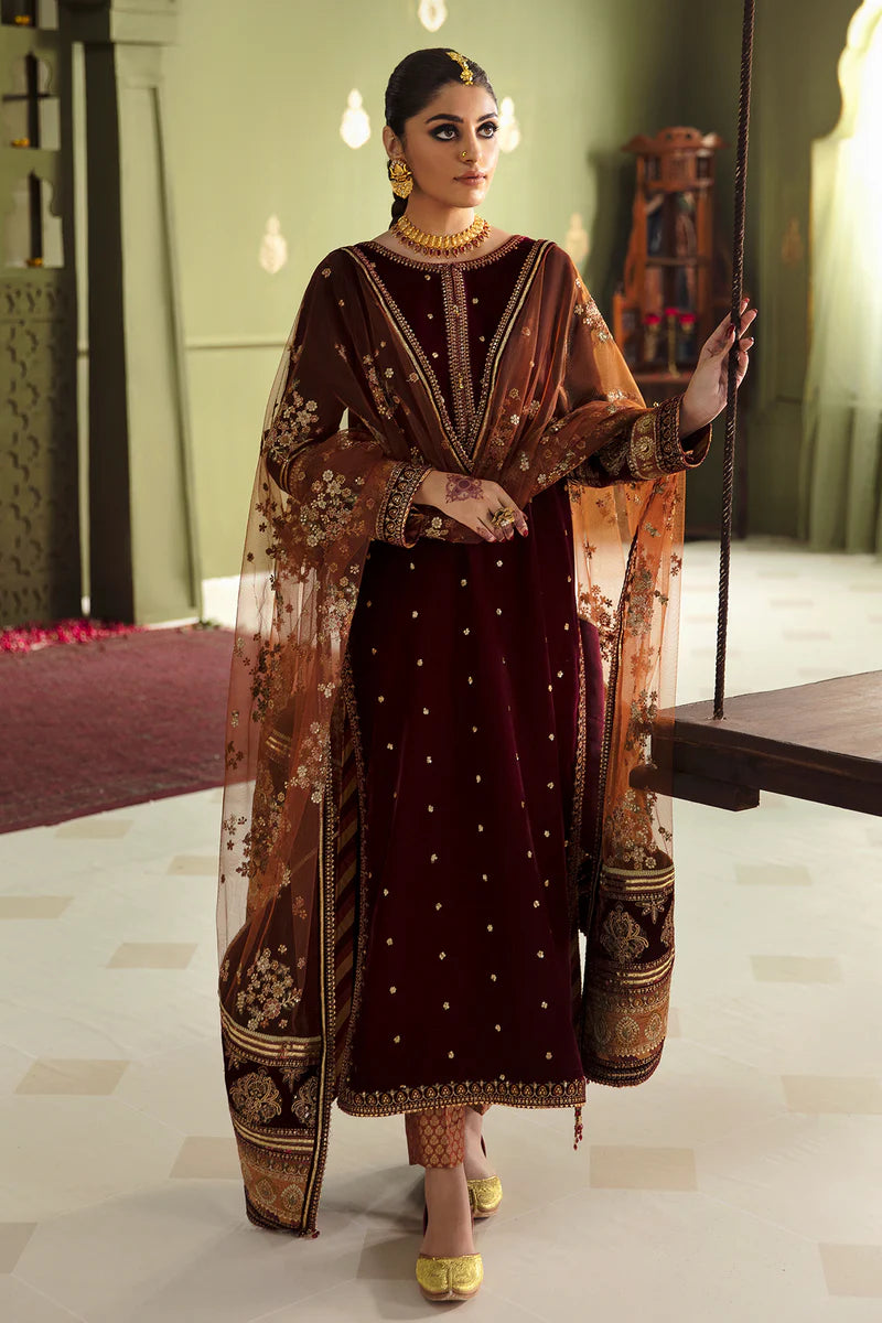 Embroidered velvet dress with jamawar trousers for weddings