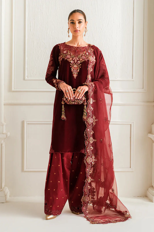 Richly embroidered velvet ensemble with silk trousers