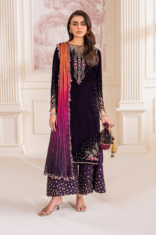 Luxury velvet ensemble with embroidered silk dupatta