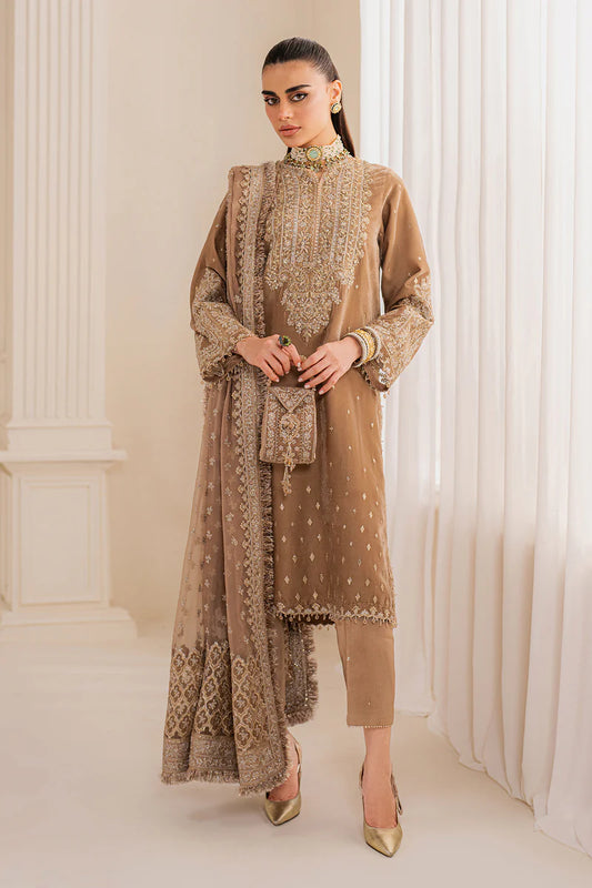 Designer beige velvet dress with ornate floral embroidery