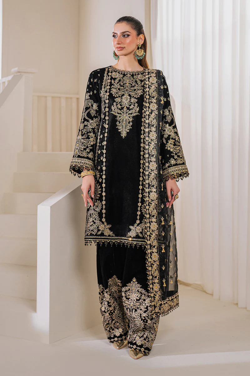 Velvet wedding outfit with embroidered shirt and dupatta