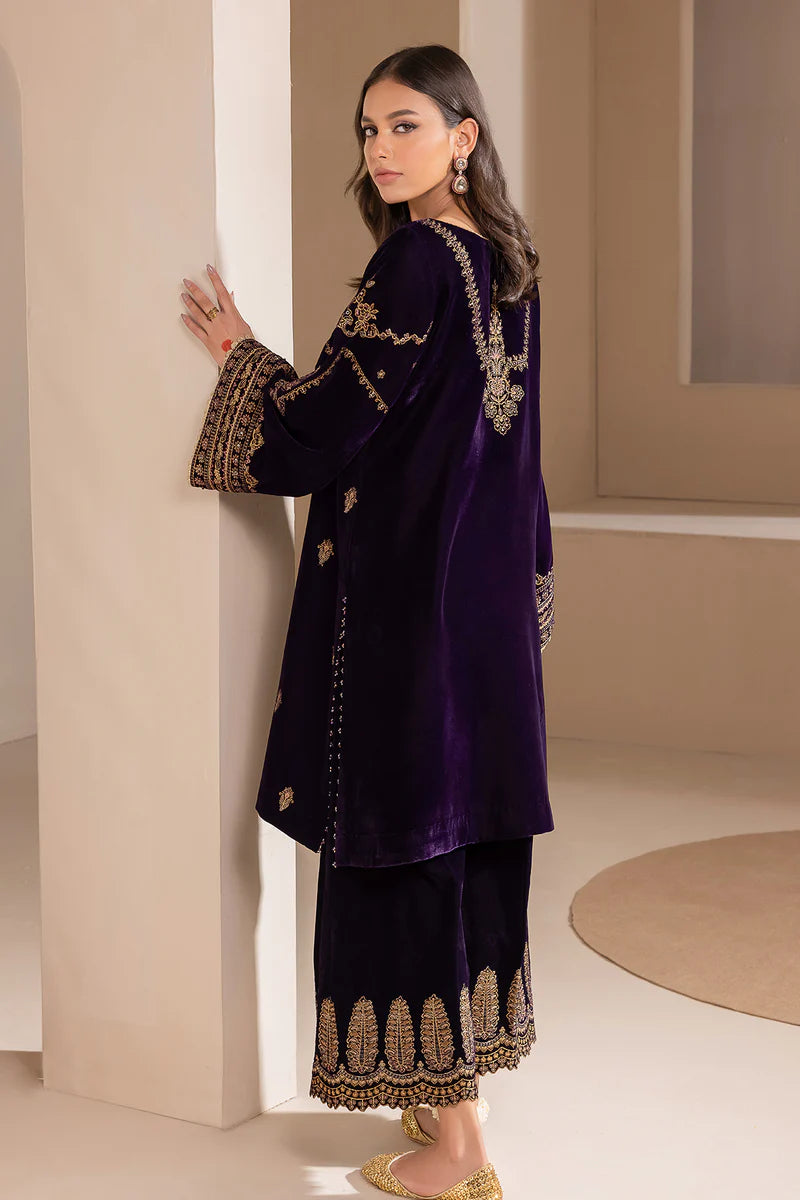 Embroidered velvet outfit with organza borders for women