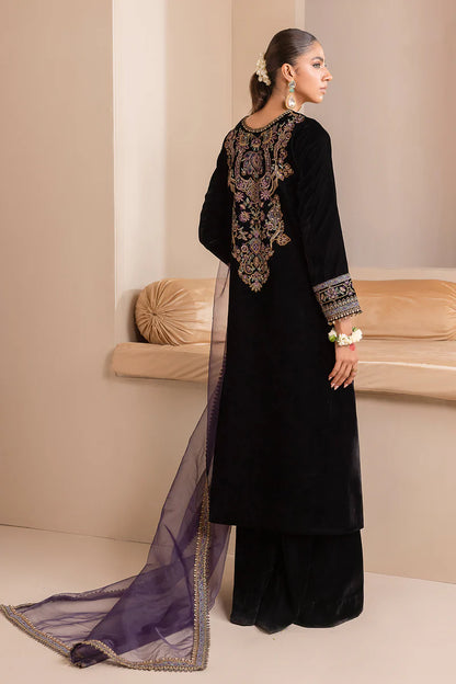 Classic black velvet outfit with organza embroidery for weddings