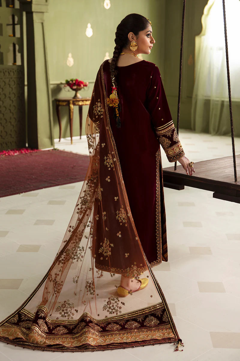 Embroidered velvet dress with jamawar trousers for weddings