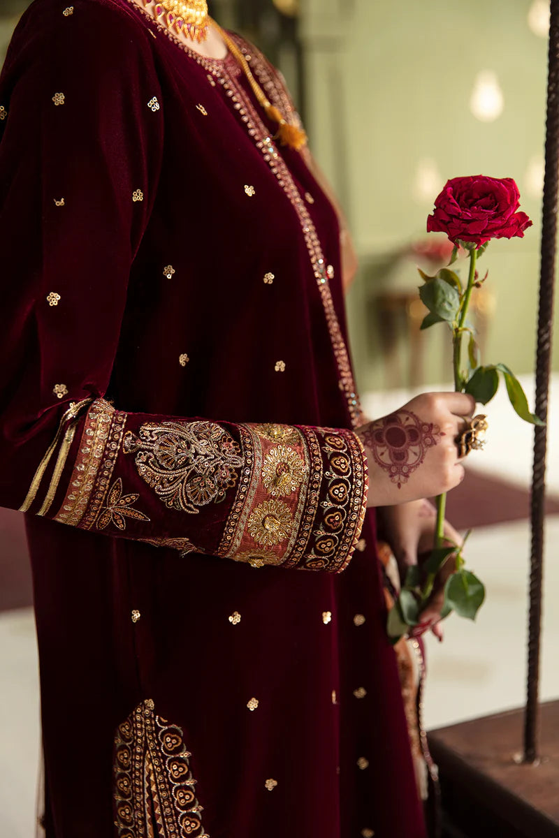 Embroidered velvet dress with jamawar trousers for weddings