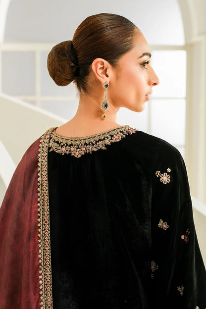 Luxury velvet outfit with intricate embroidery for formal wear