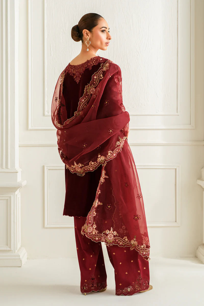 Richly embroidered velvet ensemble with silk trousers