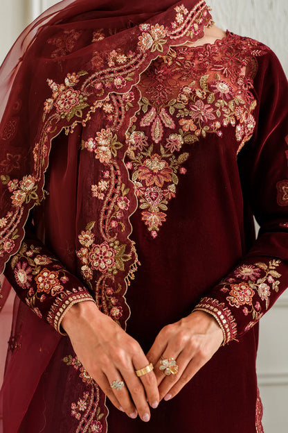 Richly embroidered velvet ensemble with silk trousers