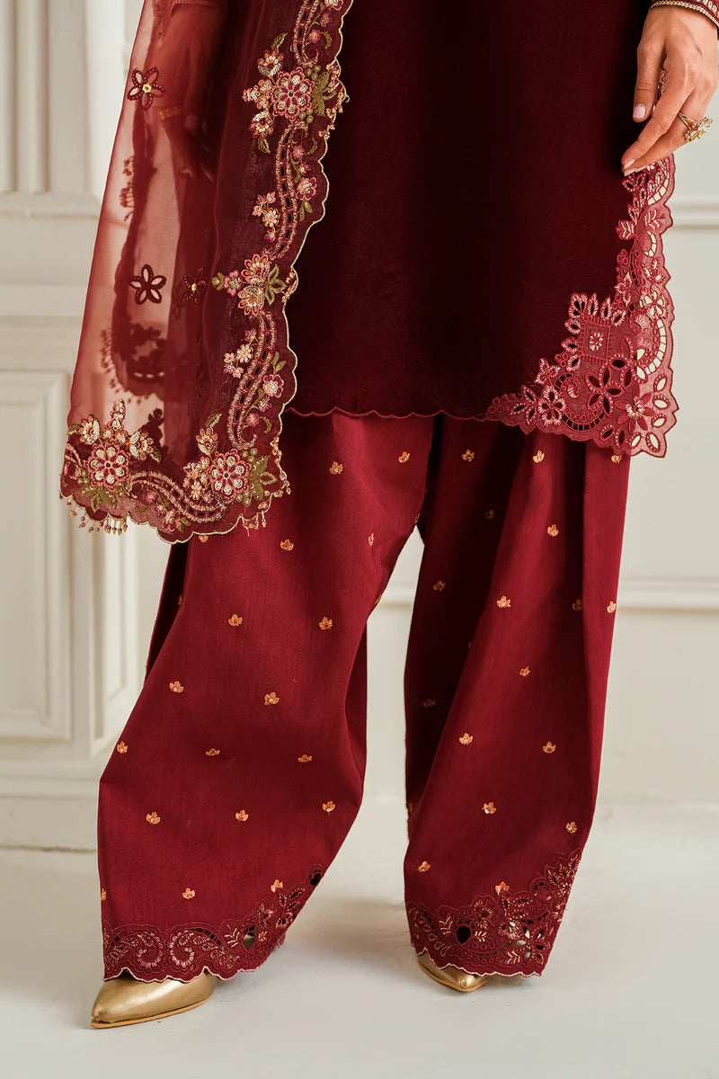 Richly embroidered velvet ensemble with silk trousers