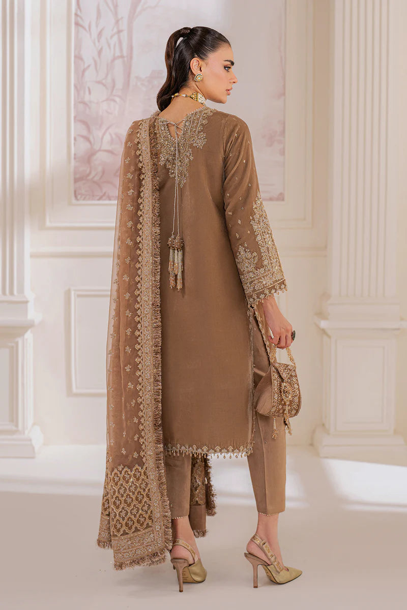 Designer beige velvet dress with ornate floral embroidery