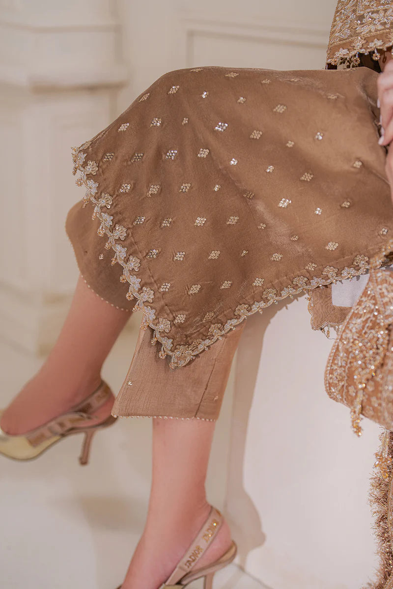 Designer beige velvet dress with ornate floral embroidery Designer beige velvet dress with ornate floral embroidery