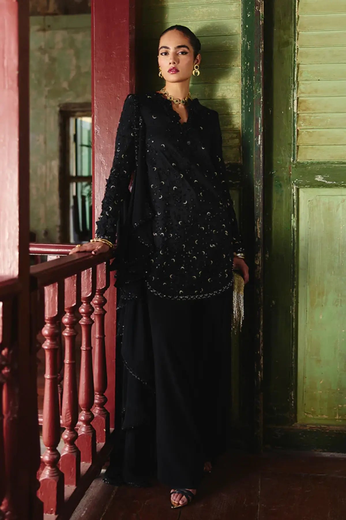 ERIS black silk embellished 3PC festive suit by Suffuse at Pakistanimoda