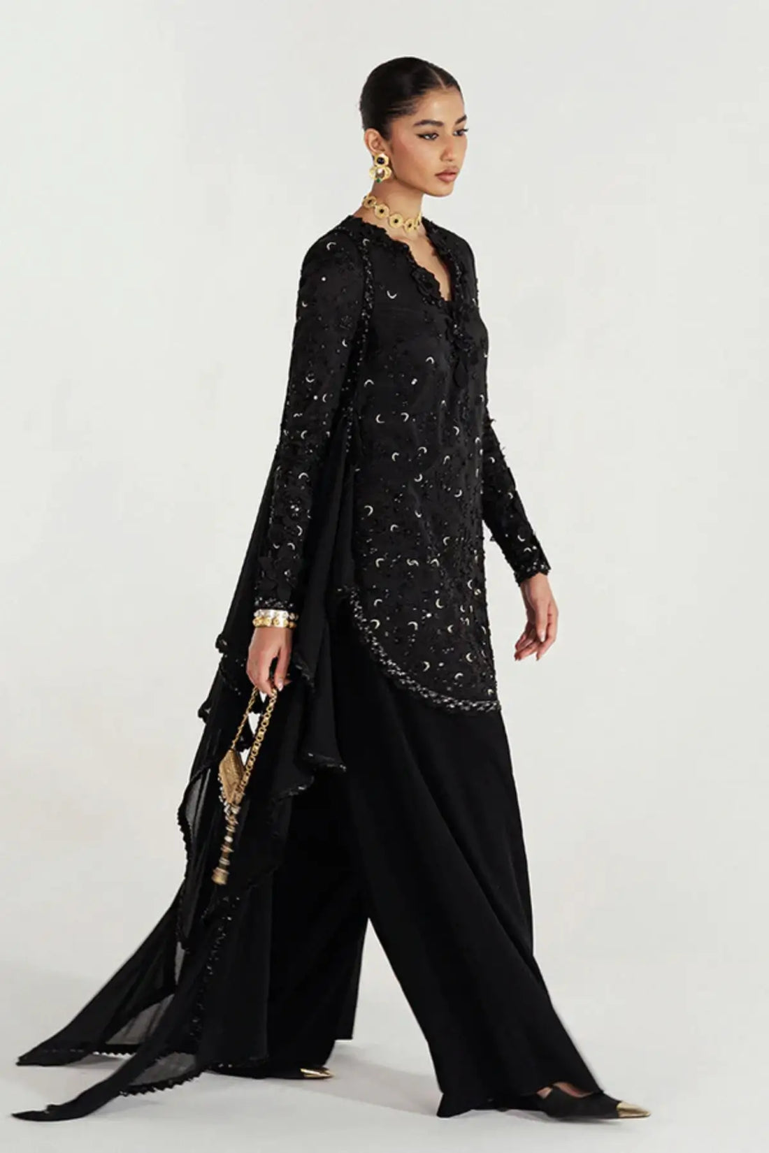 ERIS black silk embellished 3PC festive suit by Suffuse at Pakistanimoda