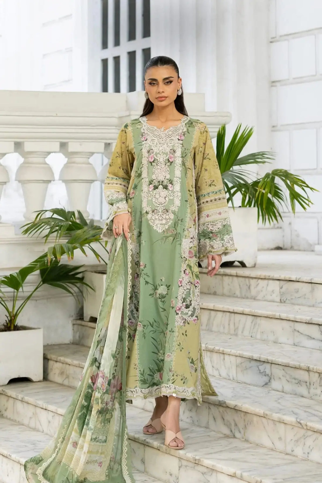 ESG-1A Elara Elaf Premium sage green lawn stitched 3PC suit with printed chiffon dupatta by Pakistanimoda