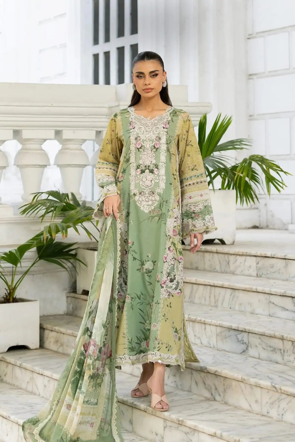 ESG-1A Elara Elaf Premium sage green lawn stitched 3PC suit with printed chiffon dupatta by Pakistanimoda